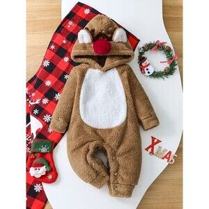 6/9 m Baby Reindeer Hooded Fleece Jumpsuit – Cute Christmas Outfit
